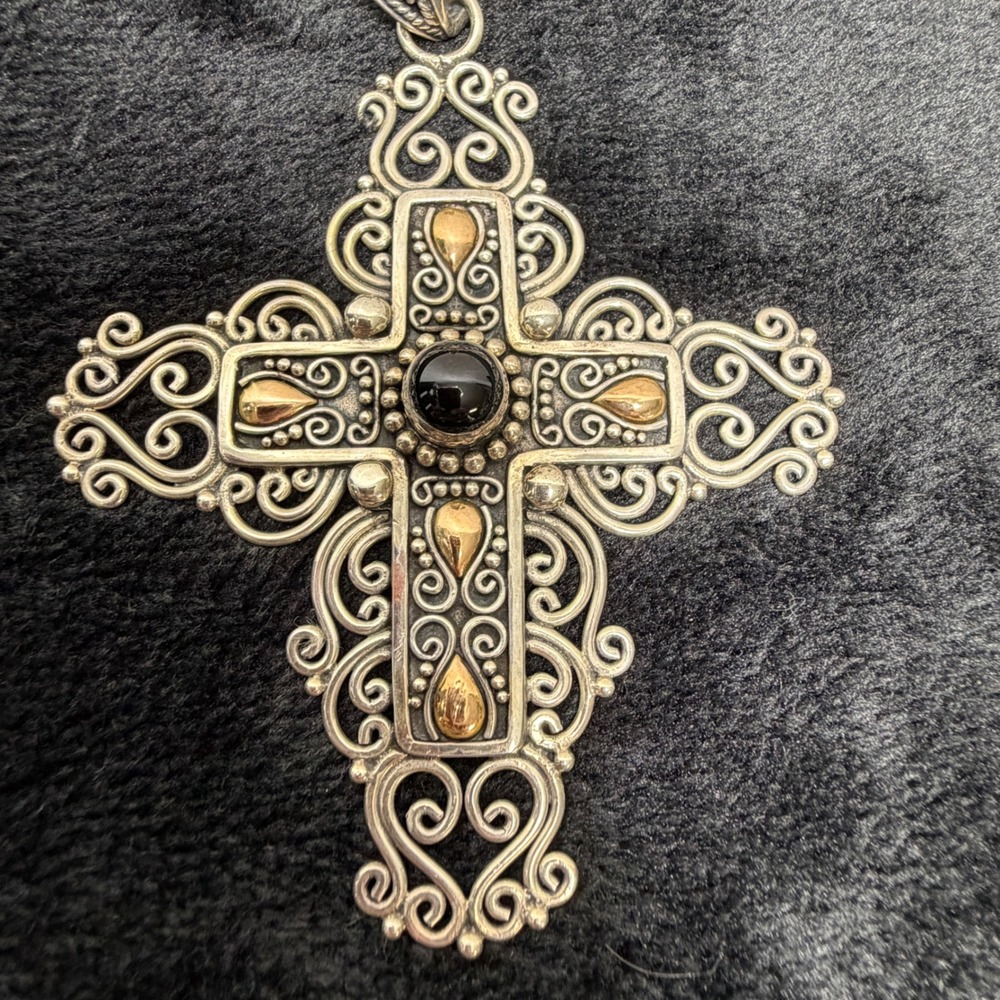 Signed BA Sterling‎ Silver 18k Gold Black Onyx Filigree Cross Pendant Wt. 22.95g - Picture 14 of 14